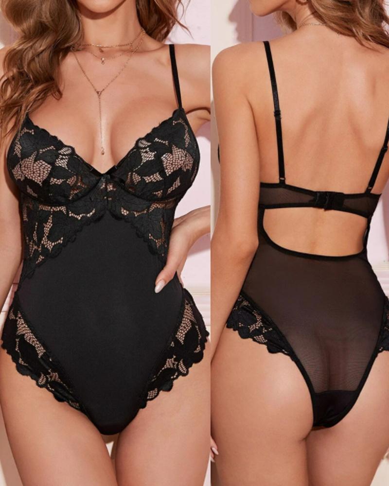 

Bowknot Decor Backless Lace Teddy, Black