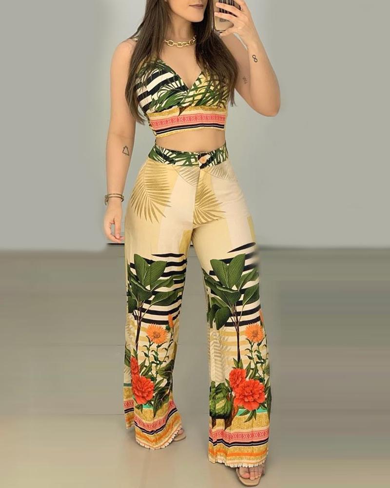 

Tropical Print Backless Top & High Waist Pants Set, Yellow