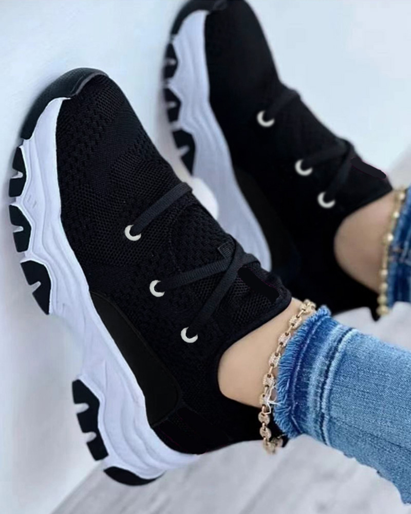 

Contrast Paneled Lace-up Breathable Sneakers, Black