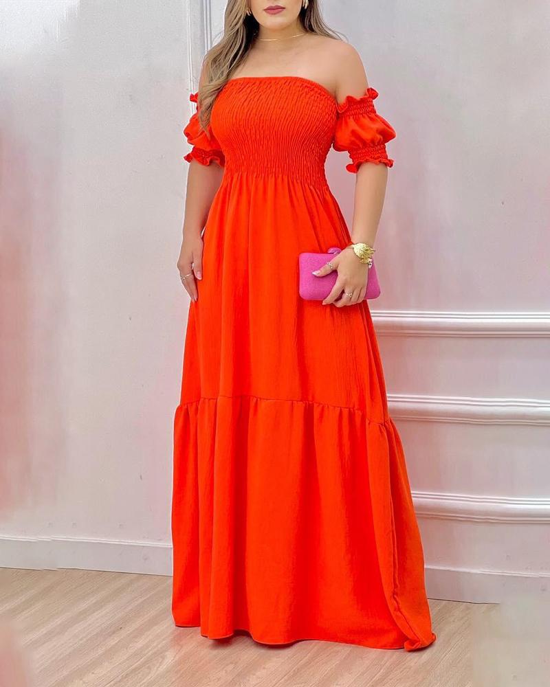 

Shirred Off Shoulder Maxi Dress, Orange