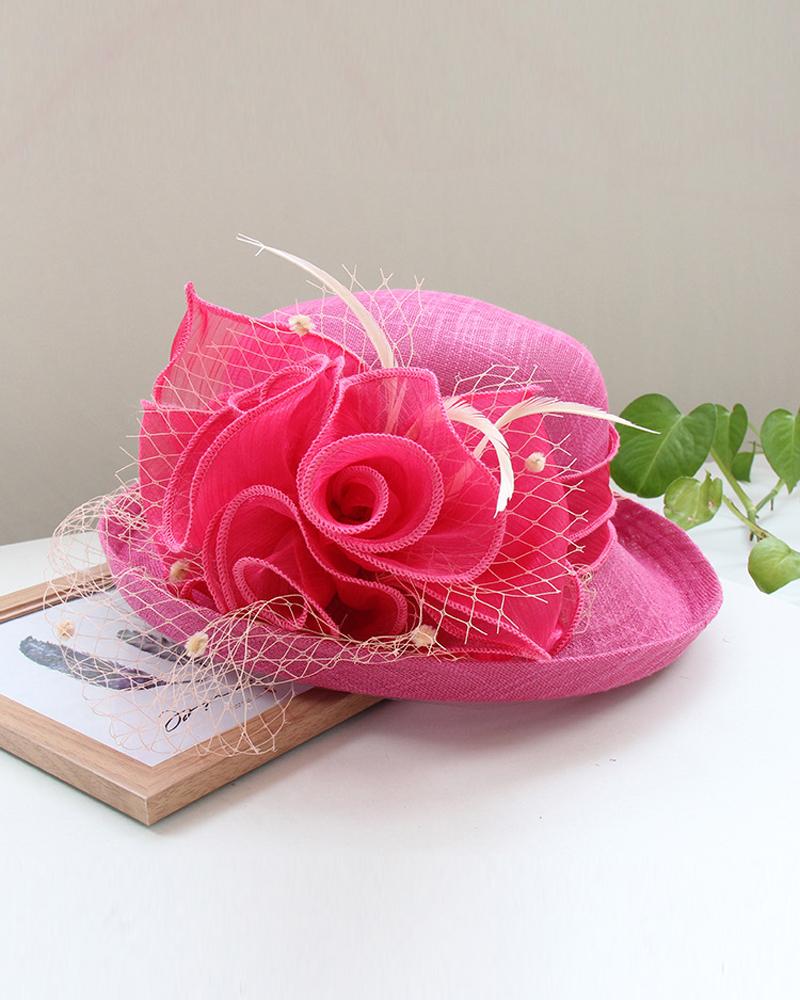 

Feather Fascinator Hat Floral Veil Mesh Dress Hats Wedding Cocktail Tea Party Church Cap, Hot pink