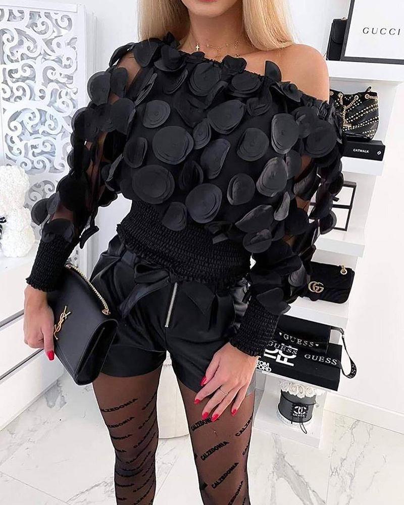 

Top de malha transparente franzida com padrão floral, Black
