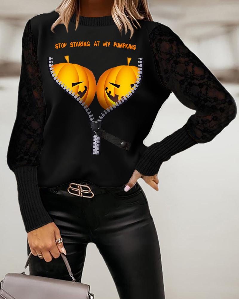 

Halloween Pumpkin Print Long Sleeve Top, Black