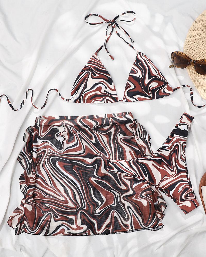 

3PCS Marble Print Bikini Set With Cover Up, Coffee