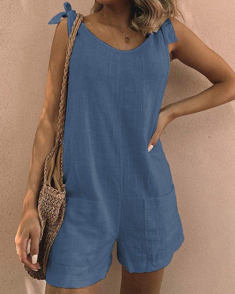 

Sleeveless Round Neck Tied Detail Pocket Design Romper, Blue