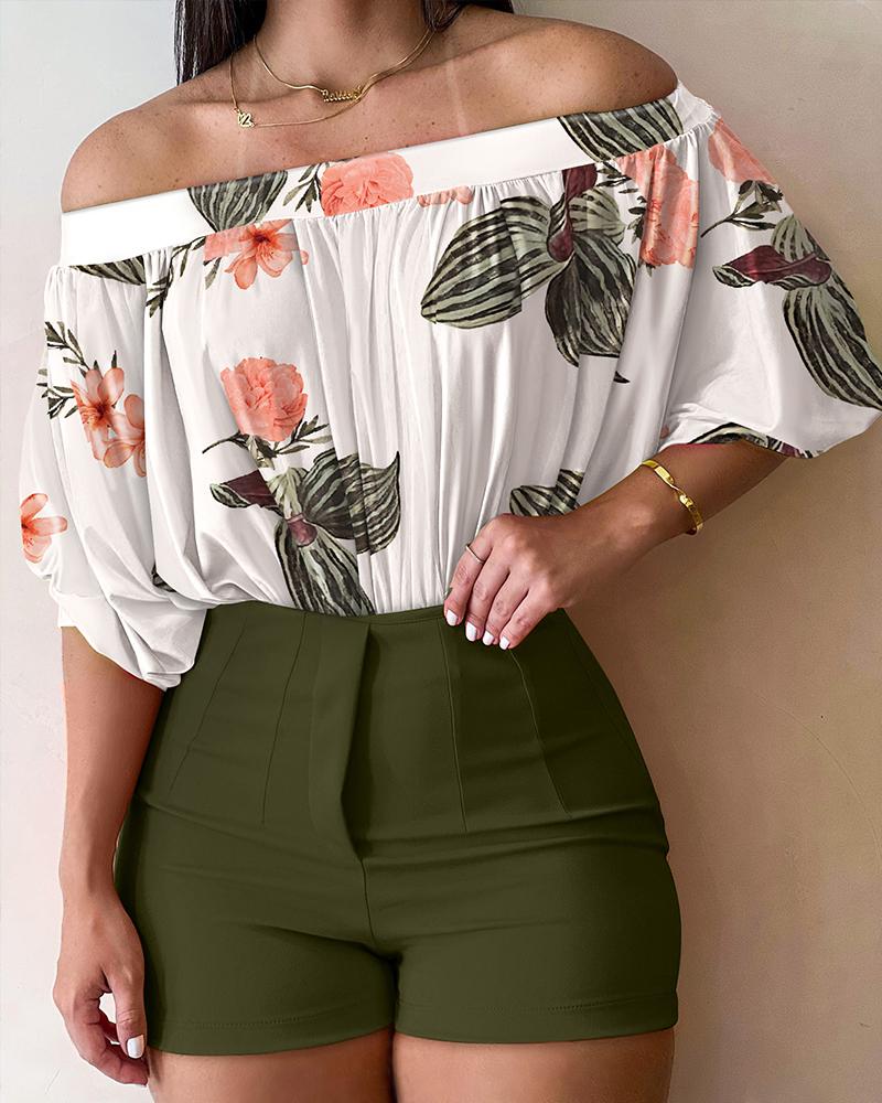 

Plants Print Ruched Off Shoulder Top & Shorts Set, Army green