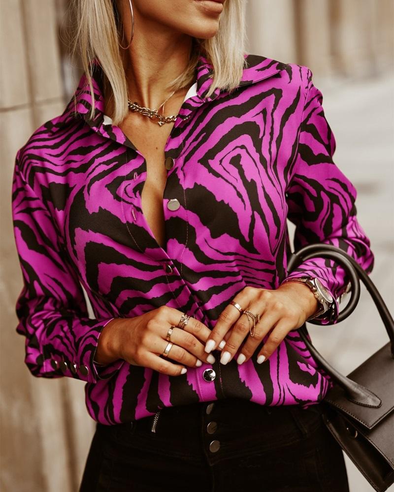 

Zebra Stripe Print Long Sleeve Button Down Shirt, Purple