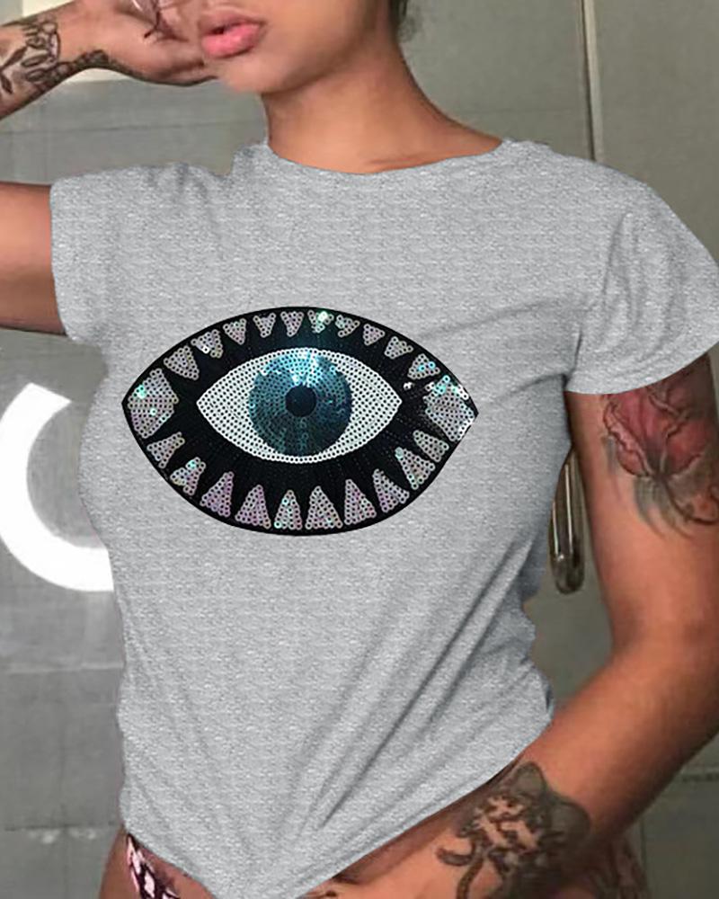 

Sequins Eye Pattern Short Sleeve T-shirt, Gray