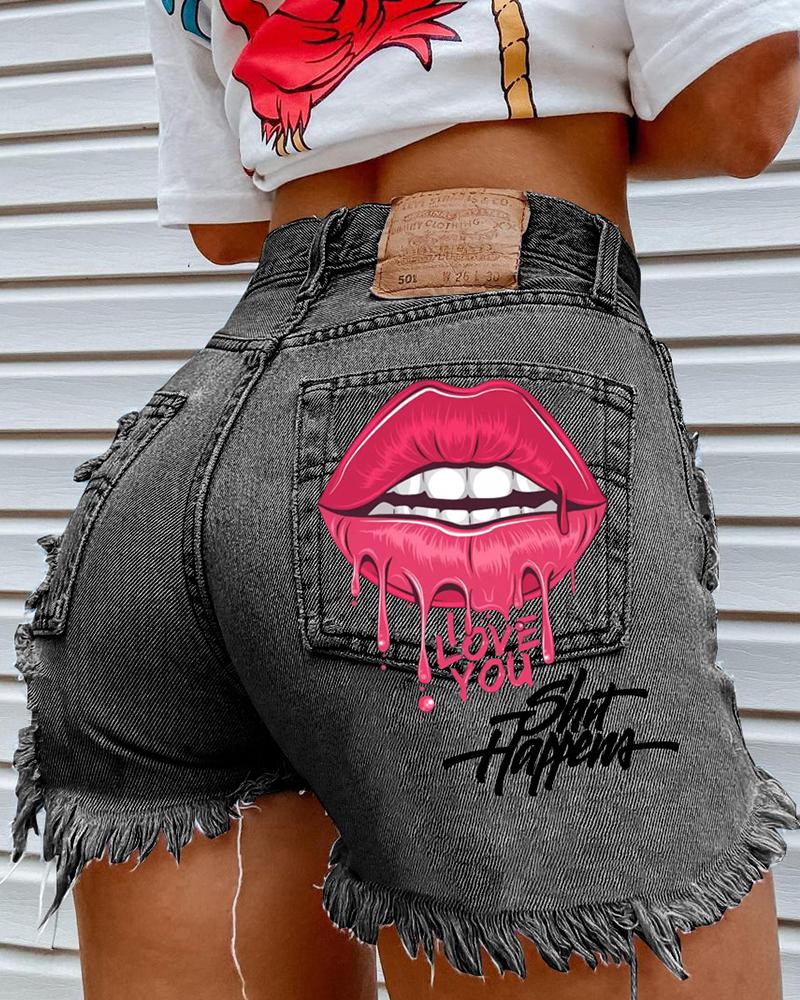 

Solid Color Splicing Lip Print Denim Short Pants, Black
