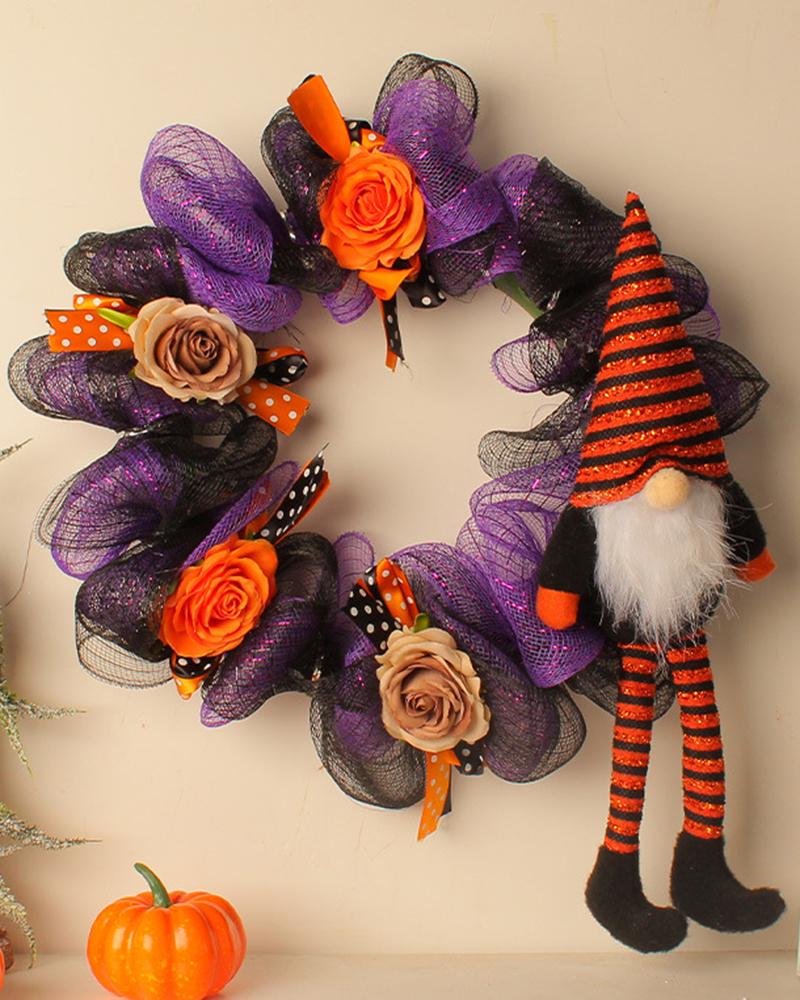 

1pc Halloween Ruched Sheer Mesh Floral Pumpkin Gnome Wreath Front Door Decoration, Purple