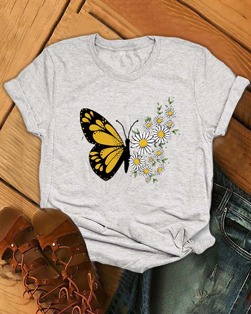 

Butterfly & Daisy Short Sleeve Loose T-shirts, Gray