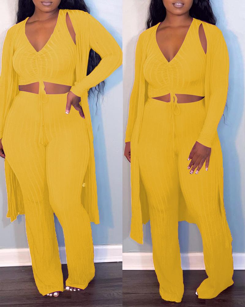 

3PCS Ribbed Drawstring Crop Tank Top & Pants Set With Coat, Yellow