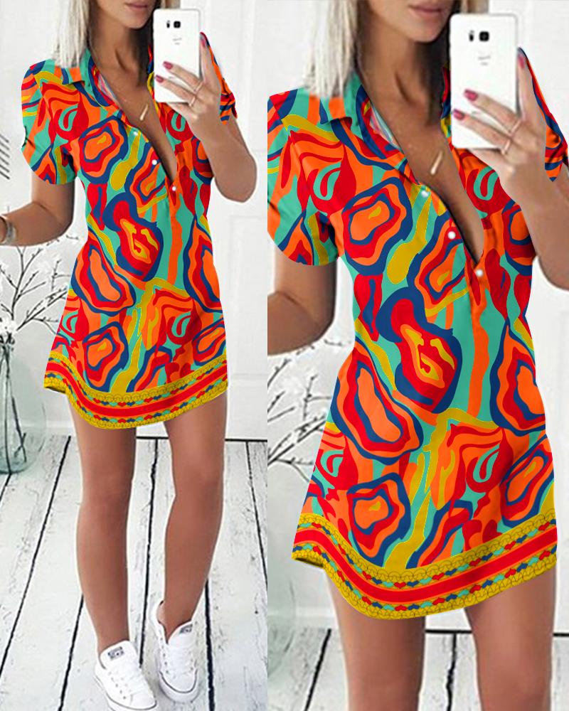 

Multi-Color Abstract Print Buttoned Shirt Dress, Orange