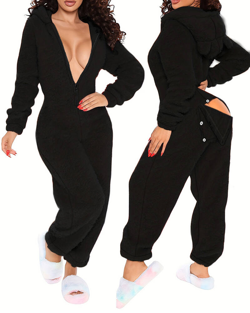 

3D Ear Buttoned Flap Functional Fluffy Lounge Jumpsuit, Black