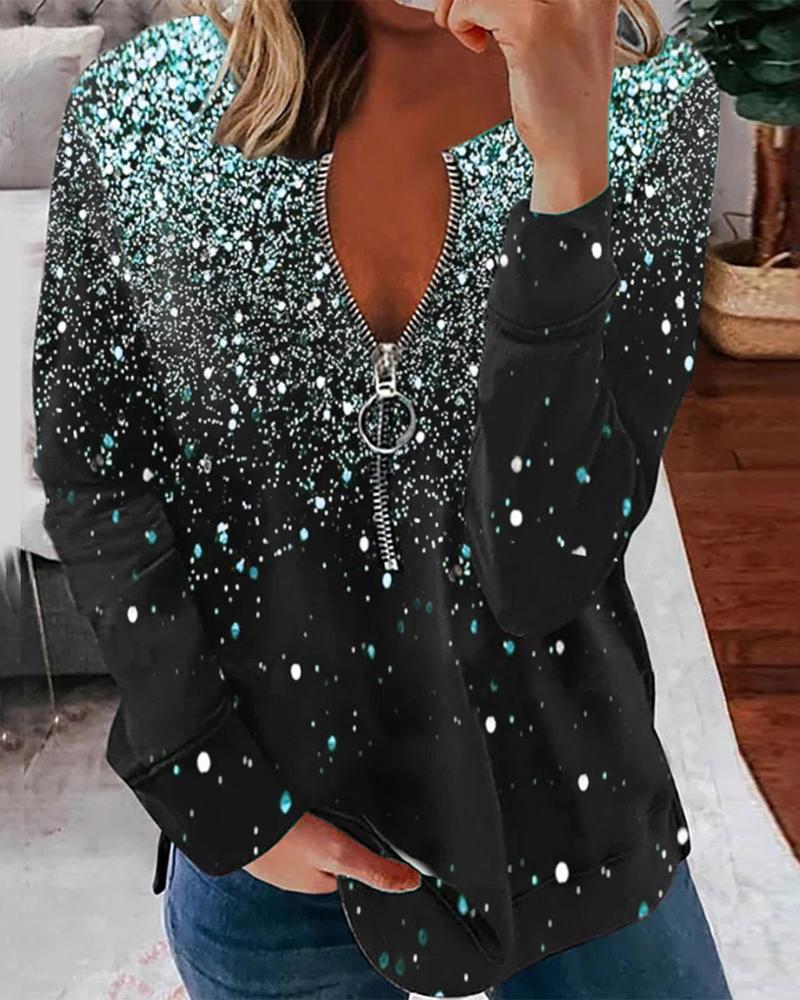 

Long Sleeve Zipper Front Print Top, Green