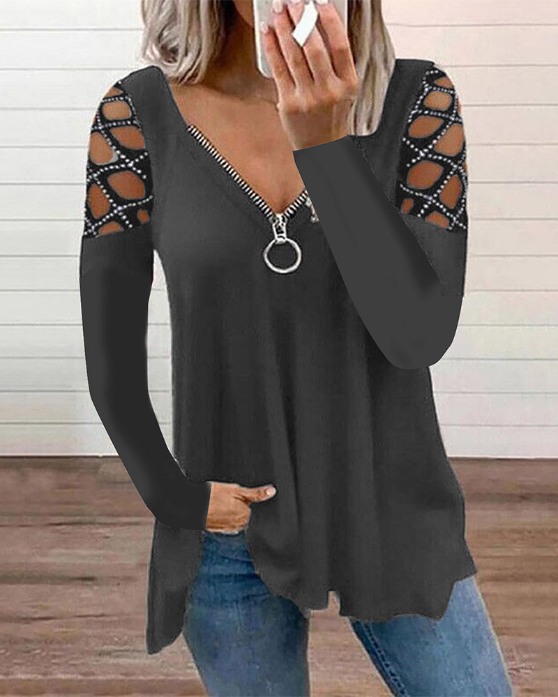 

Studded Hollow-Out Zipper Front Long Sleeve Top, Dark grey