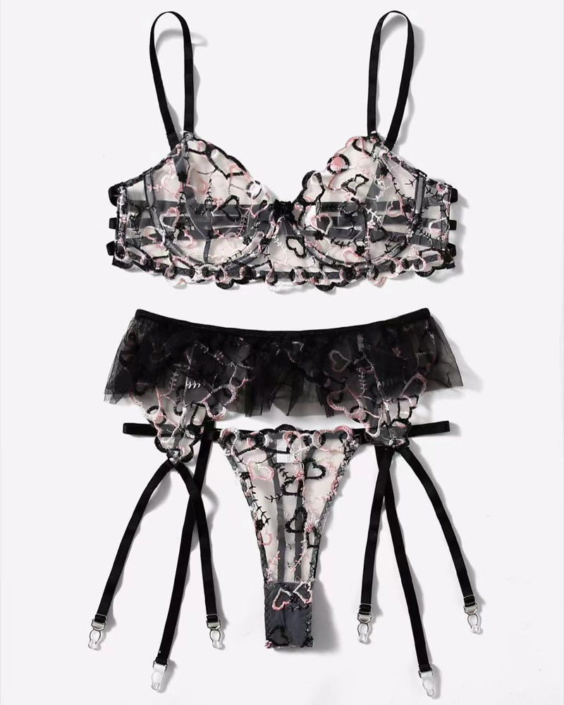 

Heart Embroidery Lace Garter Lingerie Set, Black