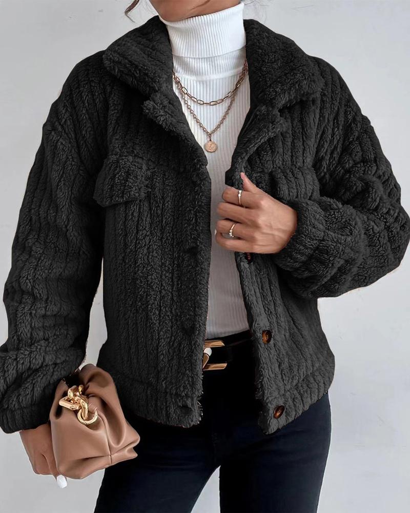 

Long Sleeve Button Front Teddy Coat, Black