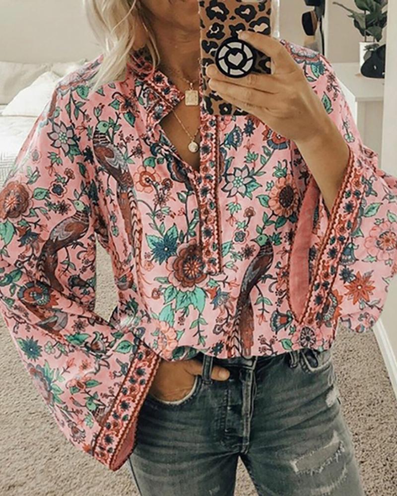 

Floral Bird Print Bell Sleeve Button Front Top, Pink