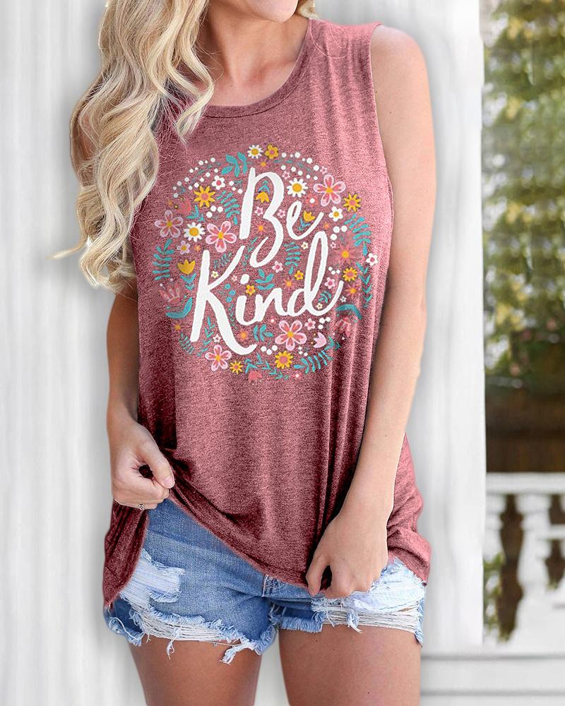 

Letter Floral Print Casual Tank Top, Pink