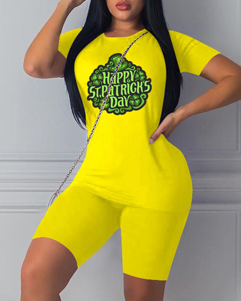 

St. Patrick' Day Lucky Shamrock Print Casual Top & Shorts Set, Yellow