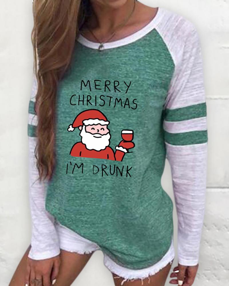 

Christmas Long Sleeve Casual Santa Print Sweatshirt, Green