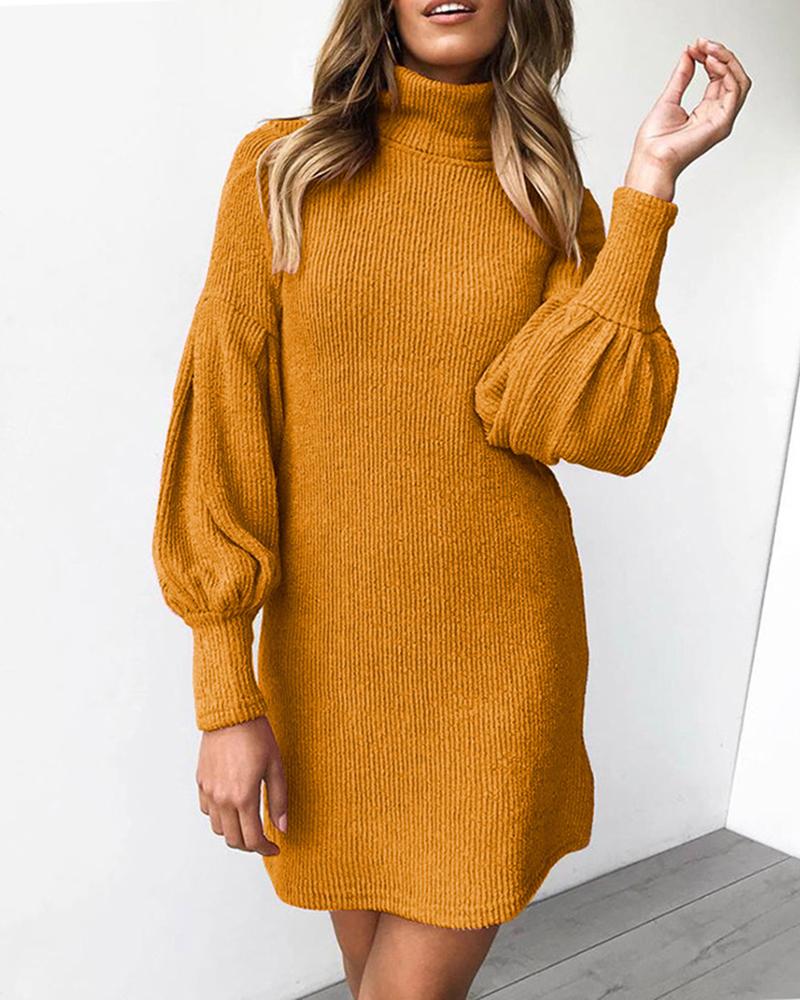 

Knit Plain High Neck Casual Sweater Dress, Orange