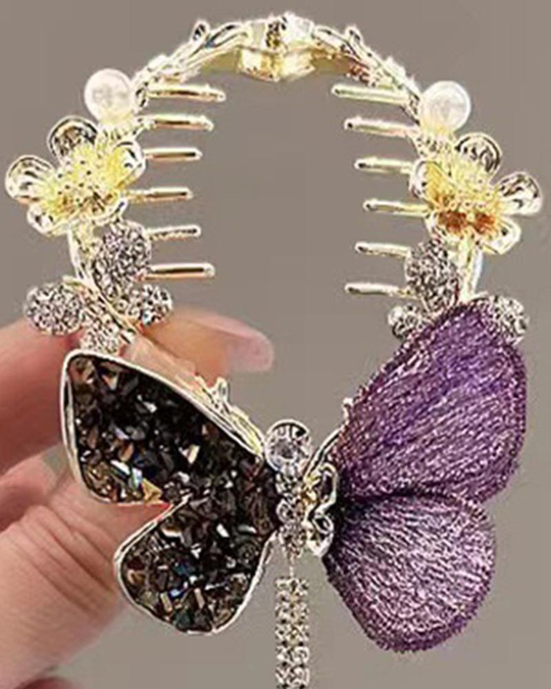 

1pc Beaded Butterfly Rhinestone Tassel Hair Clip, Purple