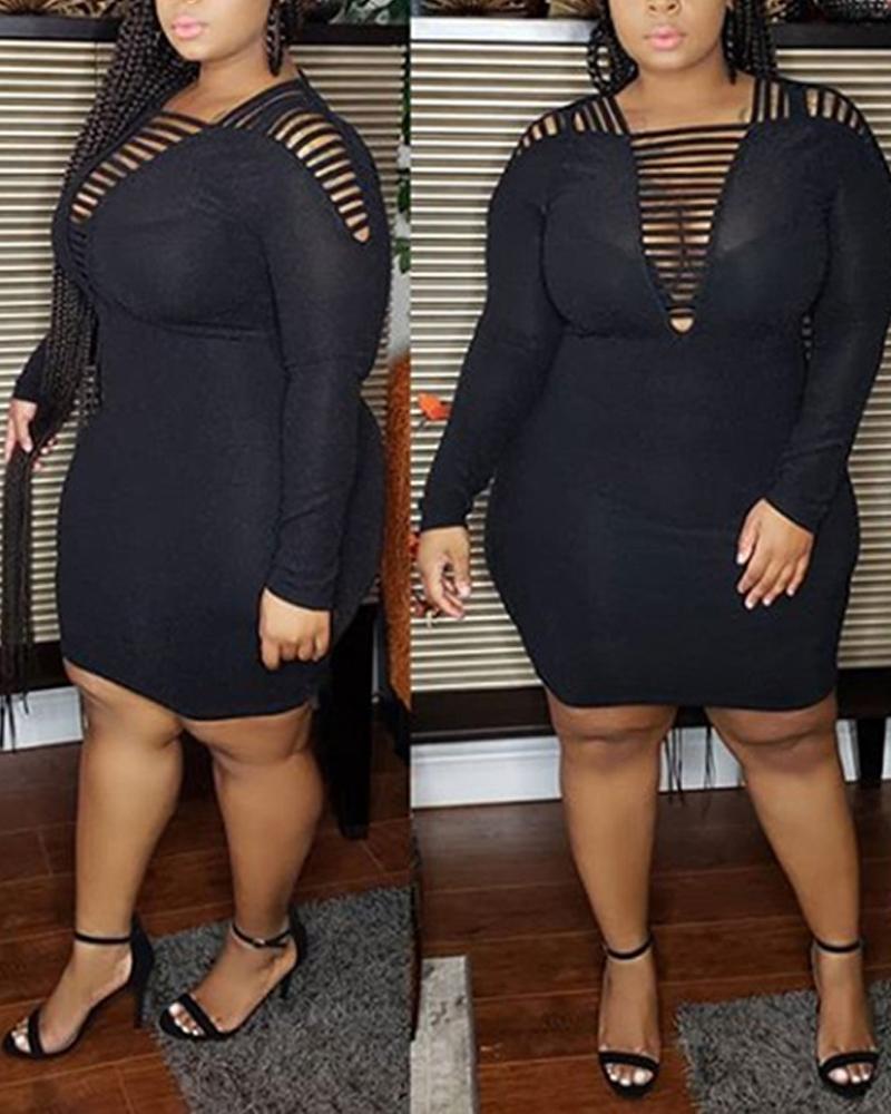 

Plus Size Ladder Cutout Long Sleeve Bodycon Dress, Black