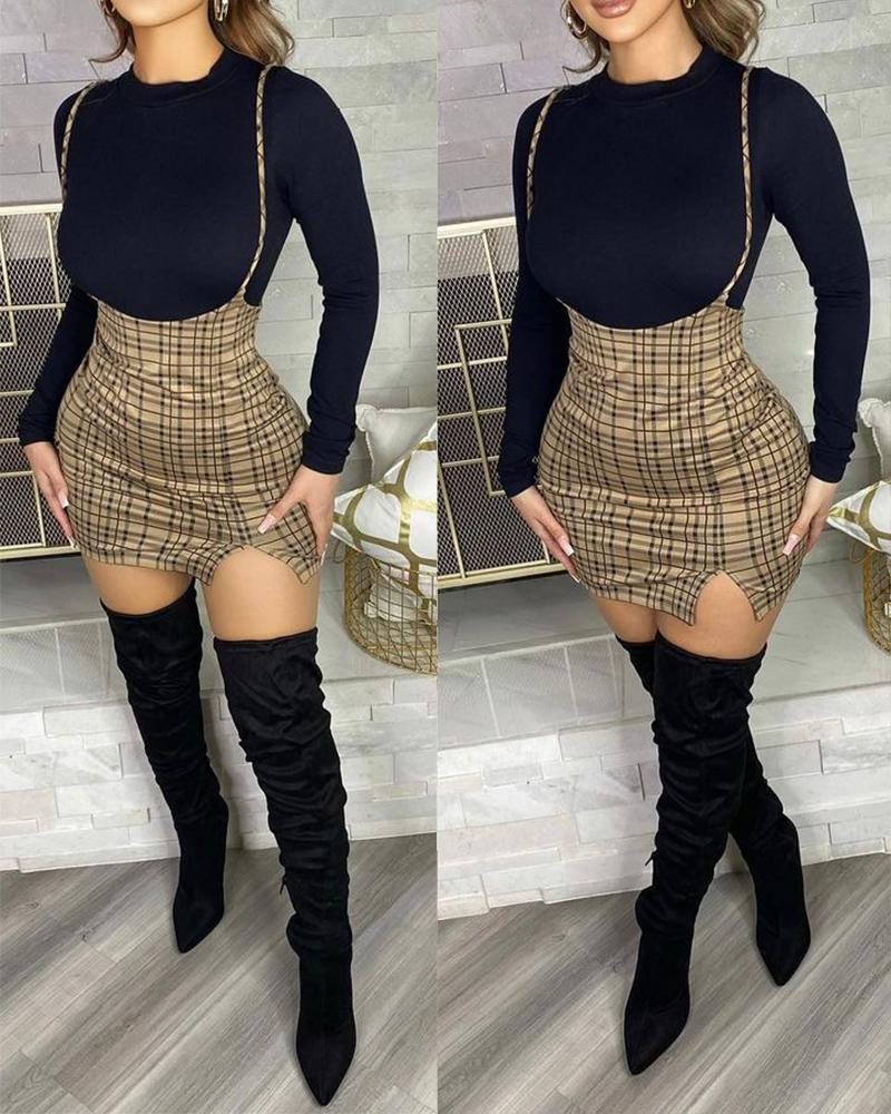 

Long Sleeve Top & Plaid Suspender Skirt Set, Black