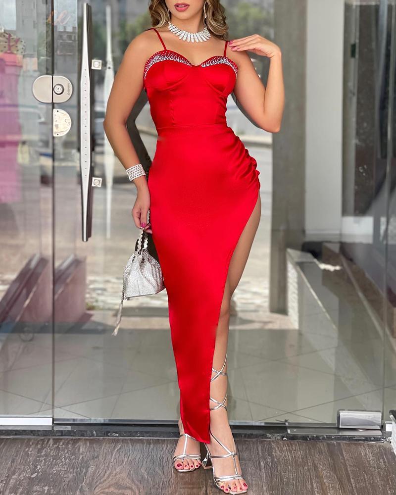 

Rhinestone Decor Asymmetrical Slit Evening Dress, Red