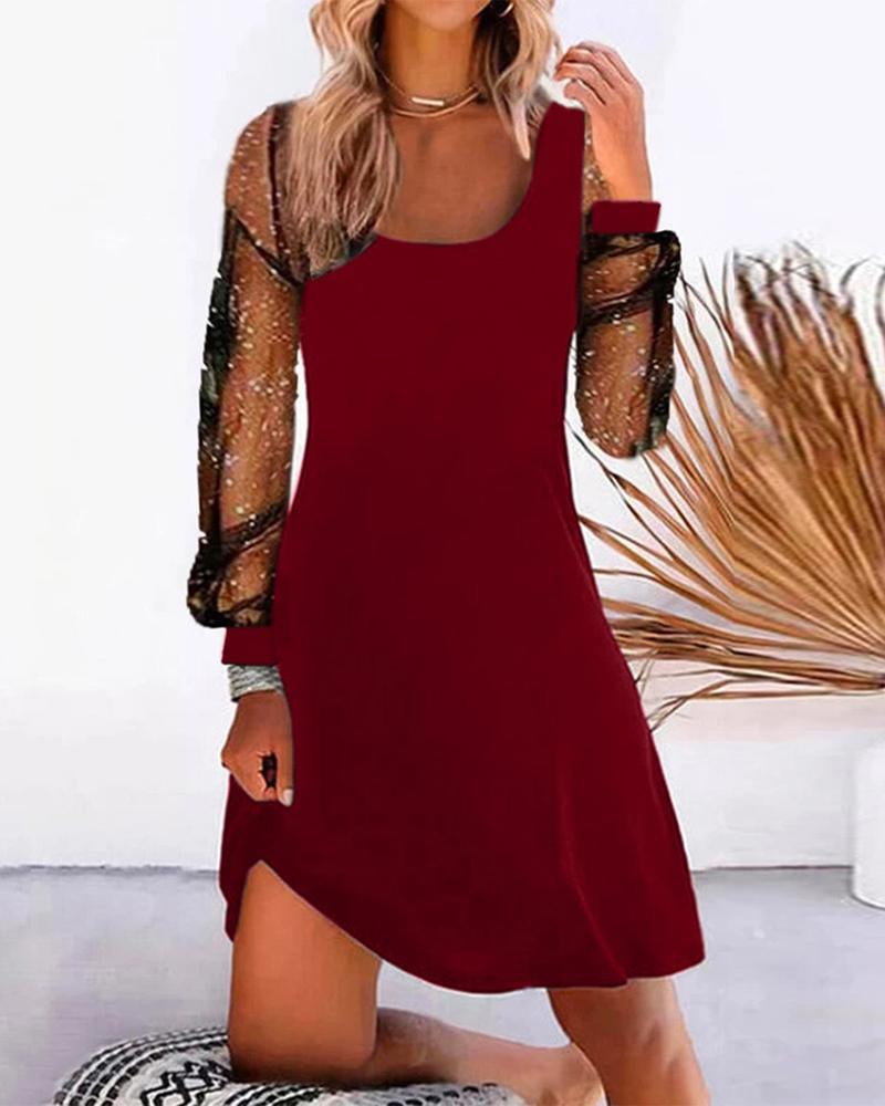 

Contrast Mesh Long Sleeve Casual Dress, Red