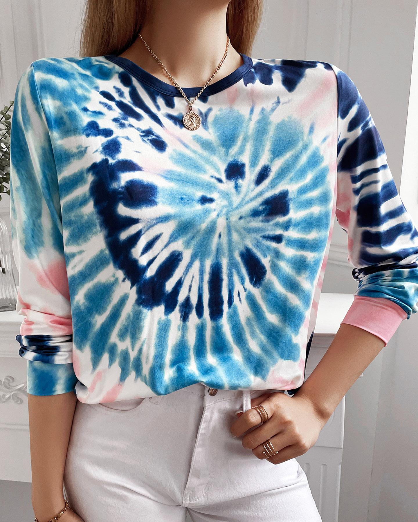 

Long Sleeve Tie Dye Print Casual Top, Blue