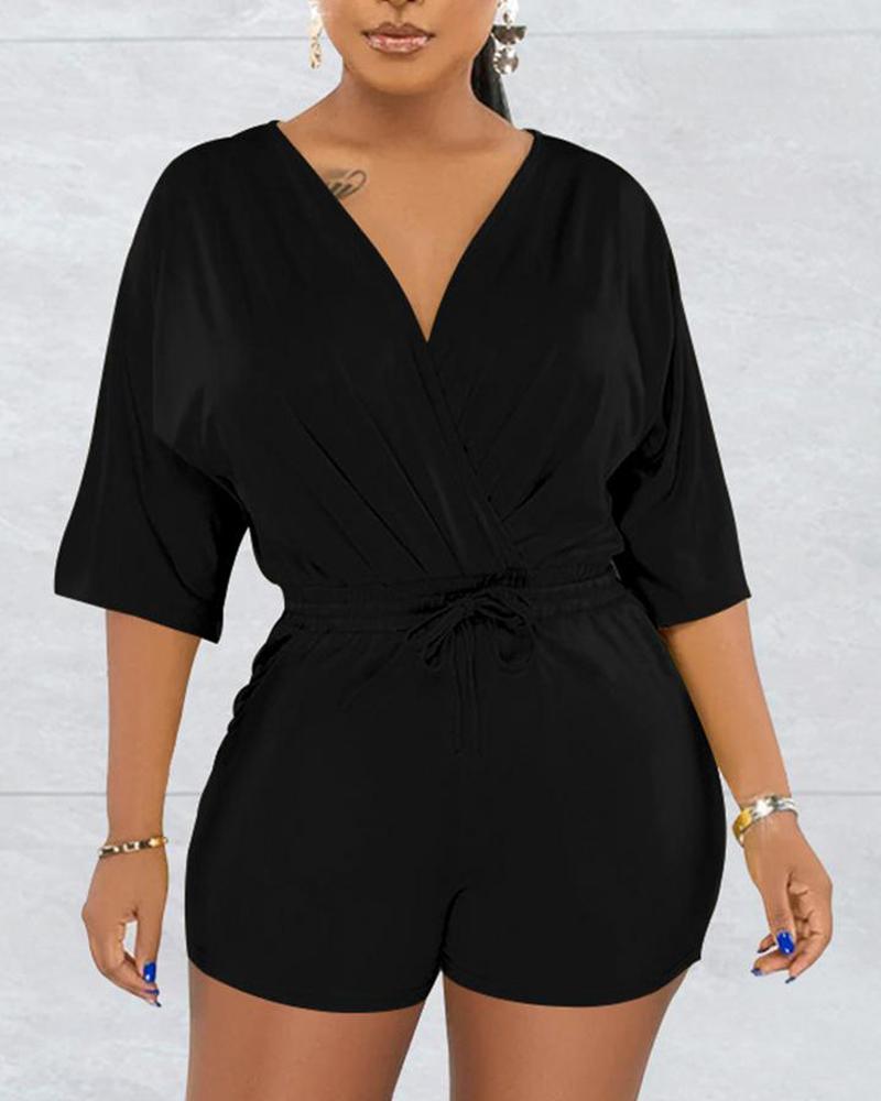 

Drawstring V-Neck Wrap Ruched Detail Romper, Black