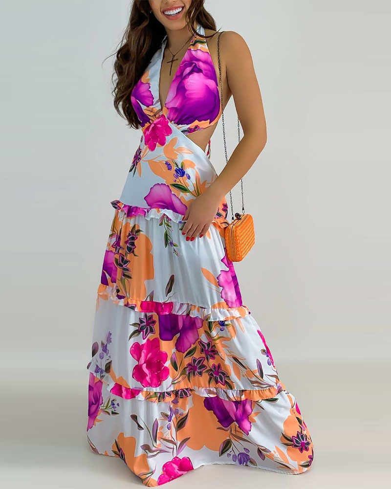 

Floral Print Ruffle Hem Halter Backless Maxi Dress, Purple