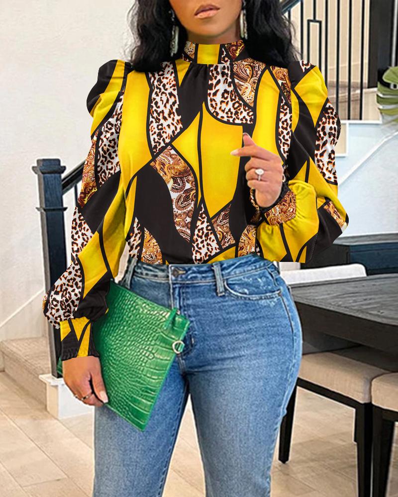 

Baroque Leopard Print Gigot Sleeve Top, Yellow