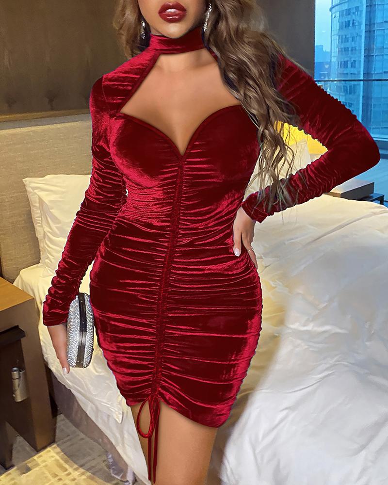 

Velvet Mock Neck Cutout Ruched Bodycon Dress, Red
