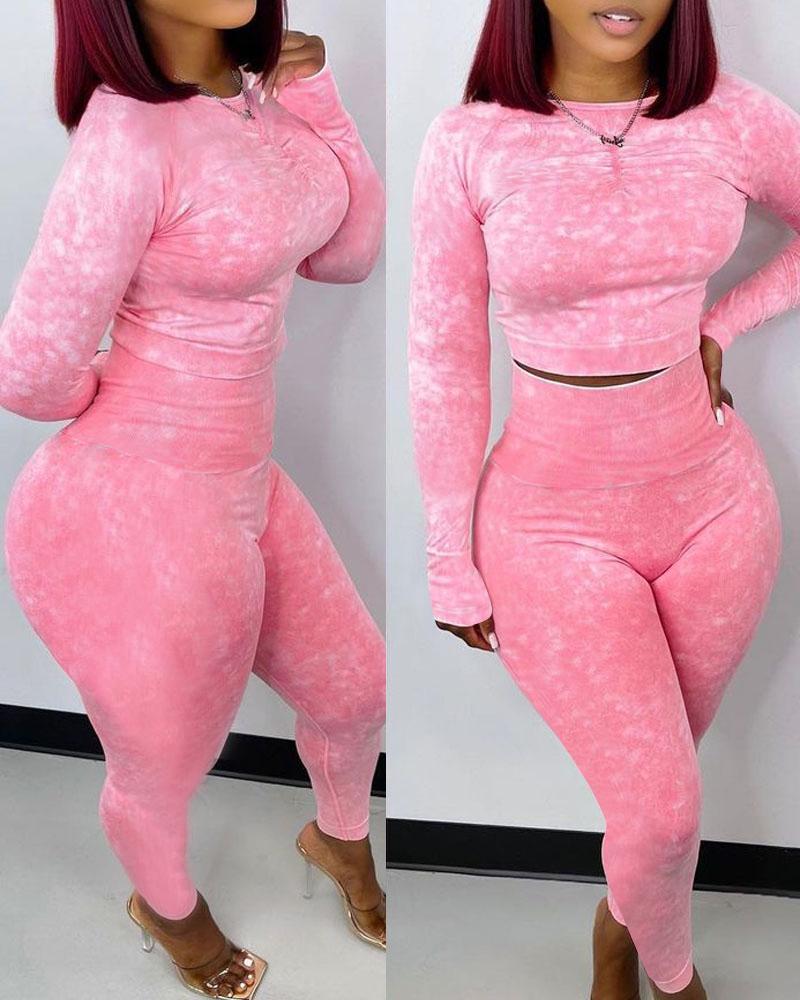 

Long Sleeve Crop Top & High Waist Ruched Pants Set, Pink