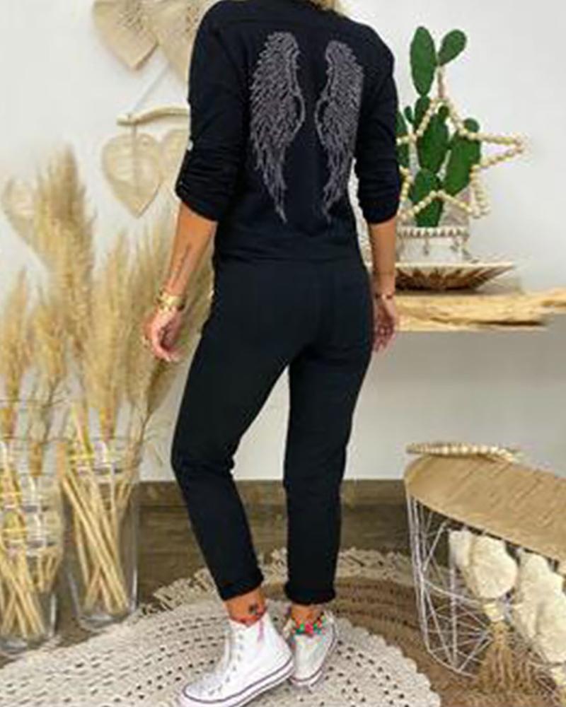 

Wings Print Long Sleeve Casual Jumpsuit, Black