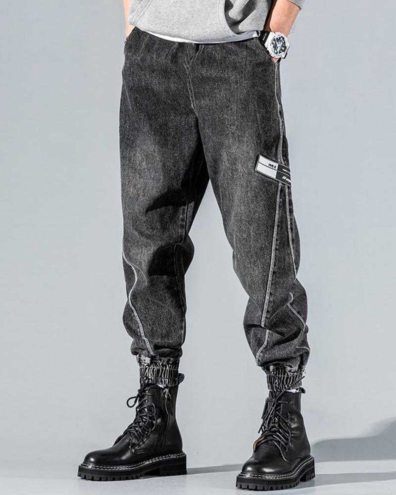 

Solid Color Splicing Label Print Jeans, Black