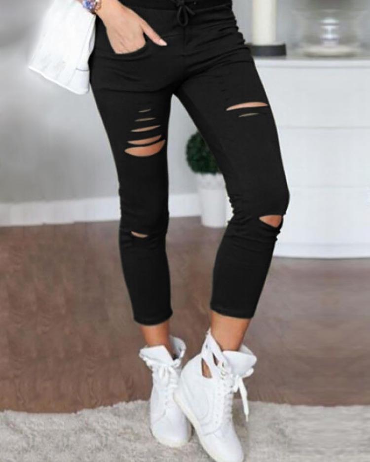 

Holey Drawstring Stretchy Pencil Pants, Black