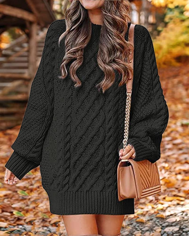 

Lantern Sleeve Cable Knit Sweater Dress, Black