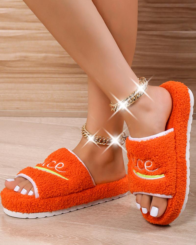 

Fuzzy Letter Pattern Platform Slippers, Orange