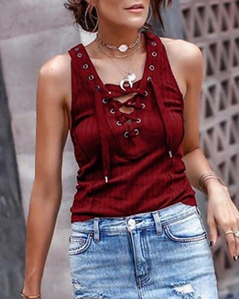 

Plain Eyelet Lace Up Backless Tank, Red