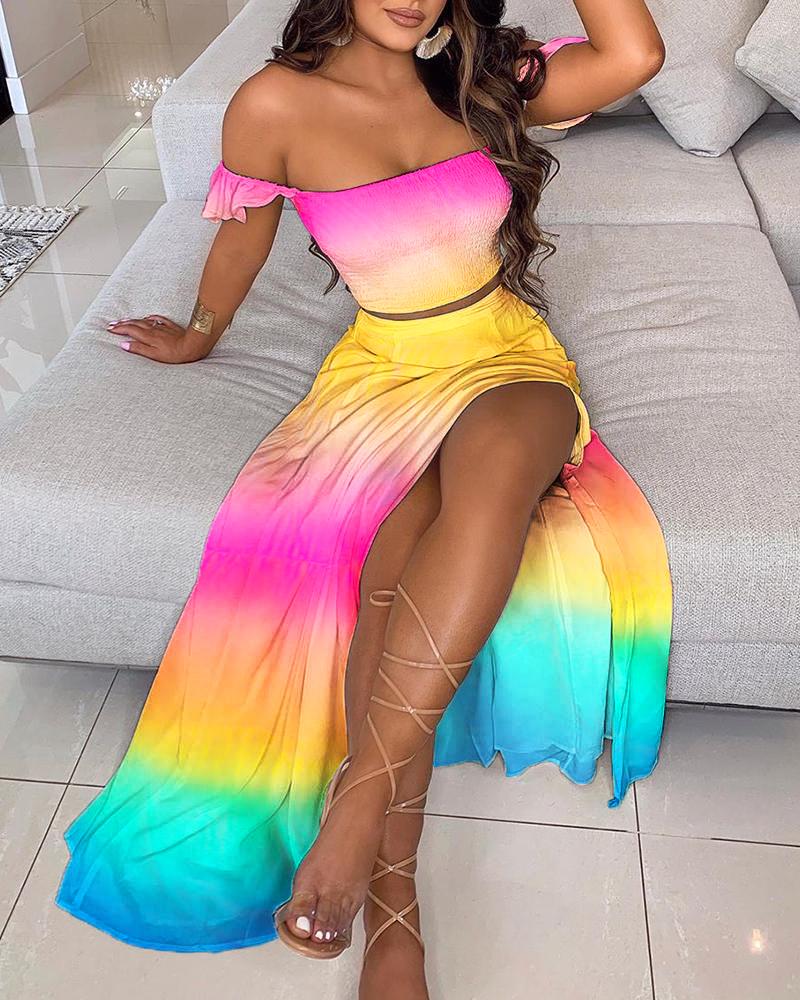 

Off Shoulder Ombre Colorblock Top & High Slit Maxi Skirt Sets, Multicolor