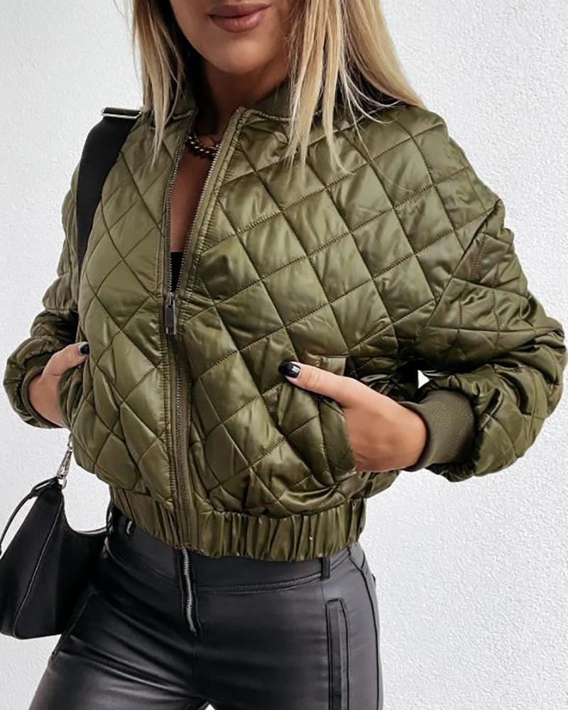 

Quilted Long Sleeve Zipper Design Puffer Jacket, Green