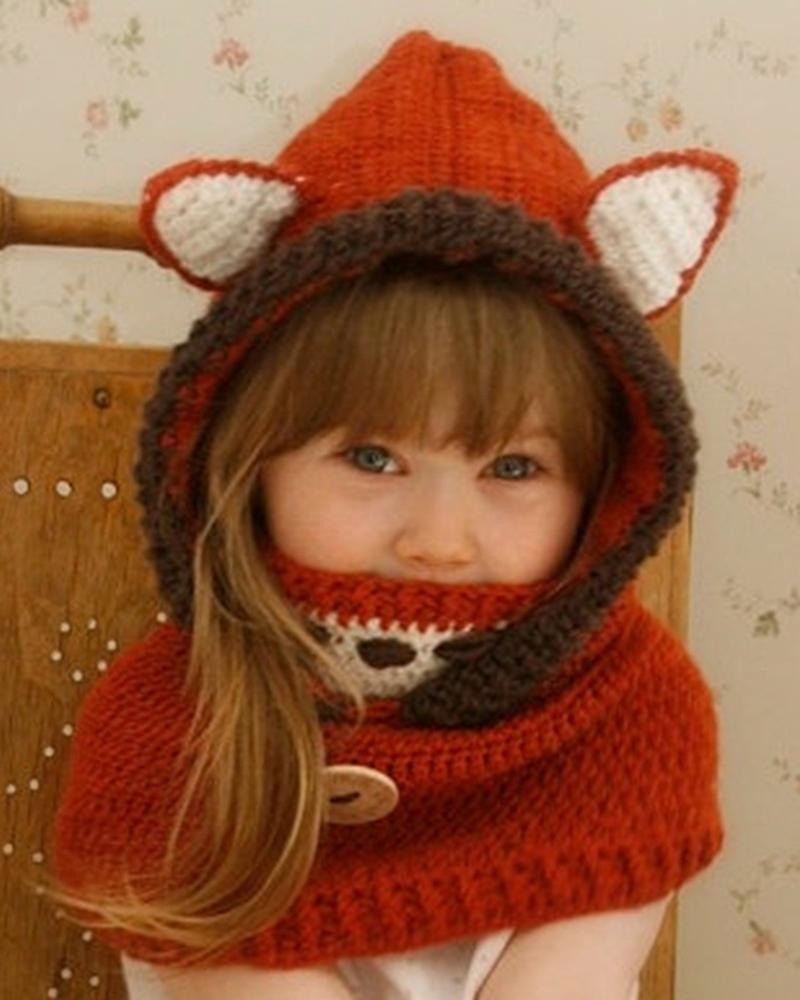 

2 In 1 Ear Design Buttoned Beanie With Scarf For Kids, Red