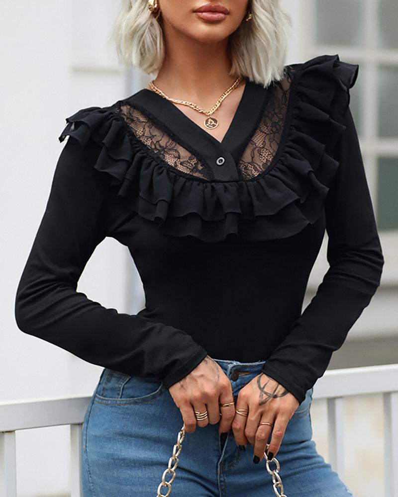 

Contrast Lace Ruffle Hem Skinny Top, Black