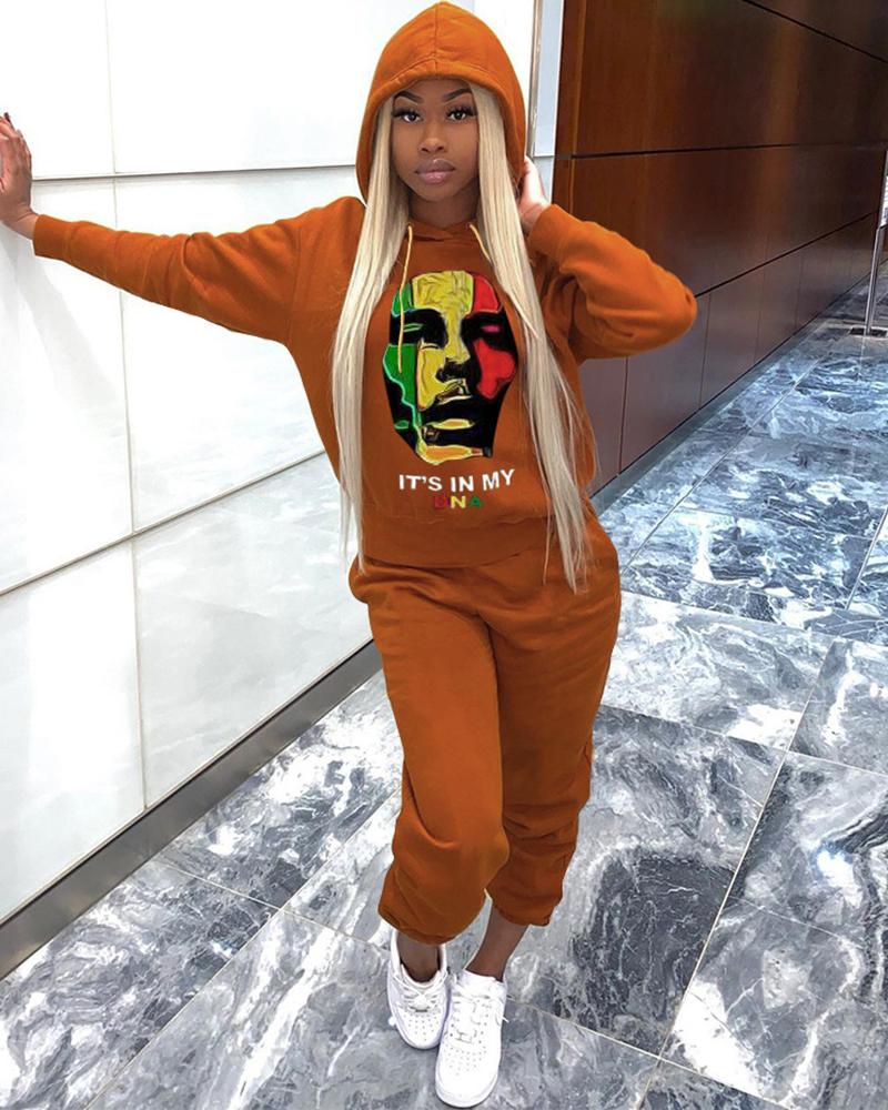 

Figure Letter Print Hooded Top & Pants Set, Yellow