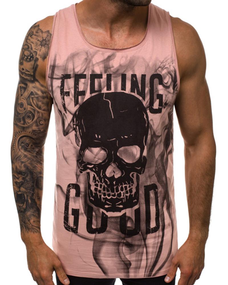 

Skull & Letter Print Sleeveless Tank, Pink